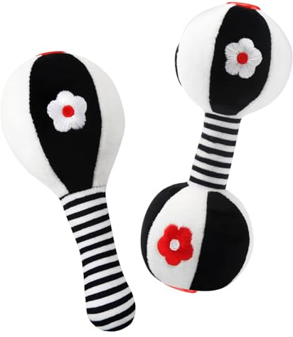 Ballery Sonajero sensorial suave para bebé, paquete de 2 juguetes de peluche para bebé, juguetes para recién nacidos, juguetes sensoriales en blanco y negro, juguetes educativos Montessori para bebés