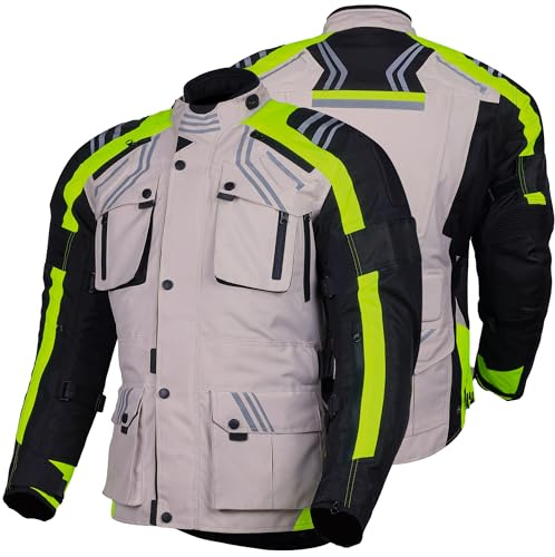 Bikers Gear Australia - Chaqueta de moto para hombre, chaqueta de moto textil Cordura impermeable con armadura CE Hi-Viz reflectante (EN 1621-1), beige, L