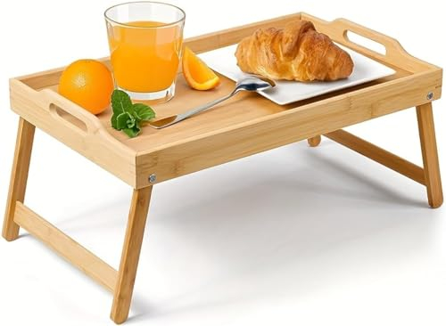 Avilia Plateau pour Petit-déjeuner en Bambou avec Pieds pliants – Table Basse élégante pour Petit-déjeuner – Plateau Multifonctionnel – 50 x 30 x 21 cm (Bois Naturel)