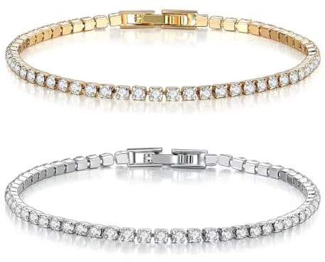 CRLLDPM 2 Stück Silber Armband Damen mit Shining Kristall Tennisarmband Silber Geschenk für Freundin Mutter Ehefrau,Glänzender Diamant Verstellbares Armband für Weihnachten