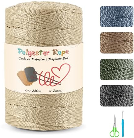Makramé polyestergarn, 2 mm x 250 m makramérep med sax och 4 mm virkning, 100 % polypropen snöre, makramérep för gåva, virkad väska, axelväska, heminredning (ljusgul)