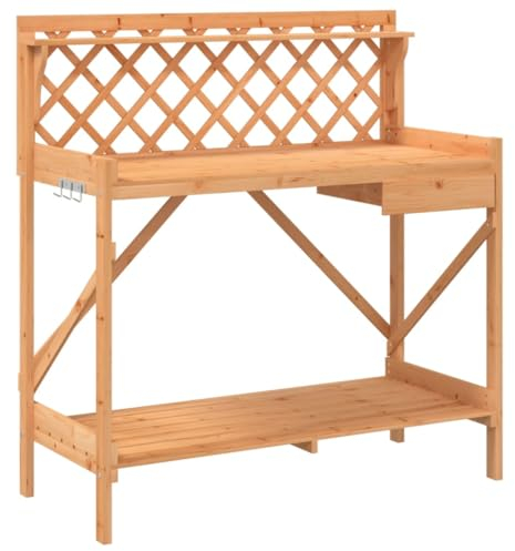 vidaXL Brown Solid Wood Fir Potting Bench with Trellis - Versatile Garden Table for Plant Organization and Display, with Storage and Decorative Lattice