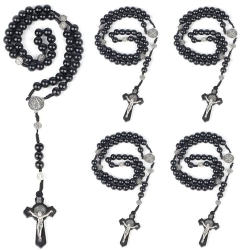 SWAWIS 5 Stück Taufe Rosenkranz Katholisch Rosenkranz Halskette Gebetskette Kreuz Rosenkranz Kette Naturholz Rosenkranz Kommunion für Katholische Christen Religiöse Kommunion, Taufe, Messe