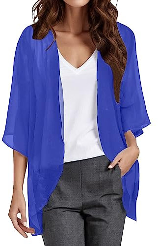 Damen Sommer Chiffon Kimono Cardigan Leicht Casual 3/4 Ärmel Beachwear Bikini Cover Up Strickjacke Einfarbige Lang Sommerjacke Strand Shawl Bluse Oberteil Tops Offene Front Jacke (5-Dark Blue, L)