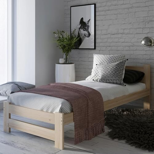 Home Collective Holzbett 100x200 cm mit Lattenrost Modern Bett Kiefer Massiv Bettgestell Einzelbett Massivholzbett Klassisch Komfortabel & Langlebig Skandinavisch Boho Landhaus Kopfteil mittel Natur