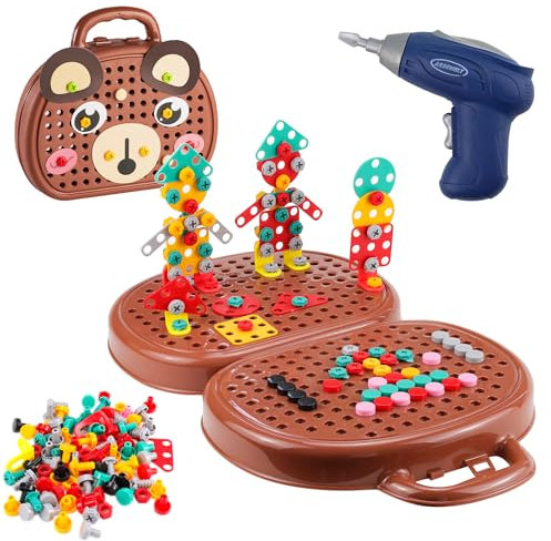 Abnaok Montessori Play Toolbox - Boîte à jouets Montessori - Avec perceuse - Jouet Montessori à partir de 3 ans - Puzzle 3D - Mosaïque - Boîte à outils créatifs avec perceuse - Pour enfants de 3 à 12
