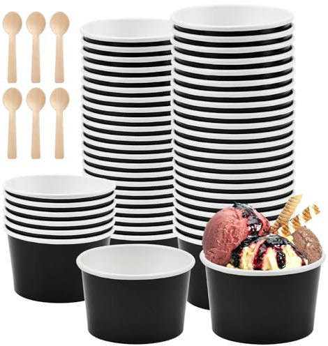 REFORUNG Eisbecher aus Pappe 50 Stück Umweltfreundliche Universal Karton Einwegschalen 240ml Einweg-Kuchenbecher Papier Eisbecher Becher mit 50 Holzlöffel für Eisbecher Gefrorenen Joghurt, Schwarz