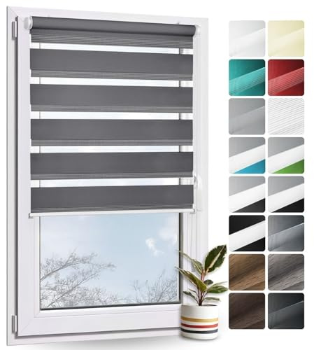 Rollmayer Doppelrollo Klemmfix ohne Bohren Klemmrollo Fensterrollo (Graphit 90 x 130 cm BxH) Duo Rollo Sonnenschutzrollo Zebrarollo Seitenzugrollo für Fenster und Tür