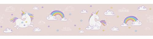 WPE® Rainbow Unicorns Pink Wallpaper Border – Magical Wall Décor for Kids' Girls Room, Nurseries, or Playrooms – Easy to Apply Girly Paper 5metre Long 13cm High