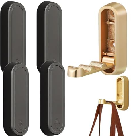 4pcs Foldable Wall Hooks for Hanging, Folding Hooks Wall Mount of Zinc Alloy, Heavy Duty Gold Foldable Wall Hook for Bathroom Kitchen, Flip Down Hook for Walls Hanging Coat, Bag, Towel, Key (Black)