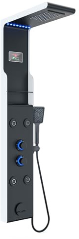 ELLO&ALLO LED Shower Panel Tower System with Shelf, Rainfall Shower Head and Rain Massage System with Body Jets, Stainless Steel Bathroom Fixtures, Matte Black&Slive