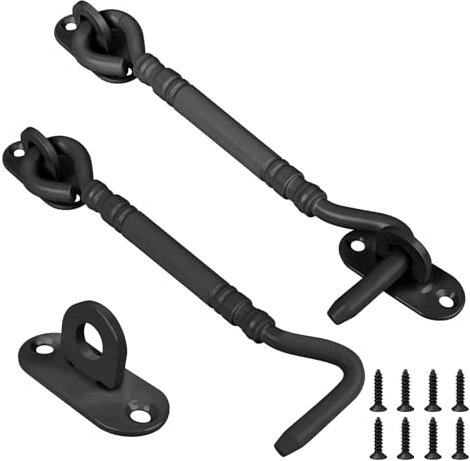 Pack of 2 Storm Hooks with Eyelet, 6 Inches, Black Window Hooks, Window Stopper, Upgraded and Thickened for Upper and Lower Door Storm Hooks, Made of Wood, with 8 Mounting Screws