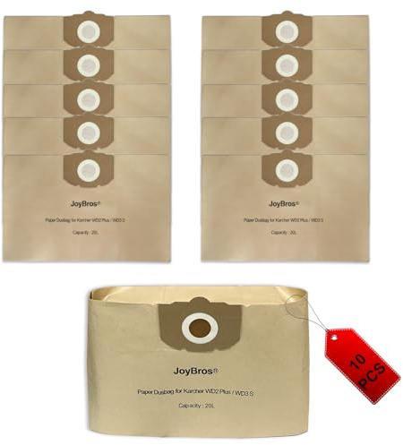 JoyBros Bolsas de Papel para Kärcher wd2 Plus WD3s KFI 357 2.863-314.0 WD 3 V-17/4/20 kwd 3 KWD1-2 SE 4001 Plus Aspiradora Bolsas de Polvo(10 unidades)