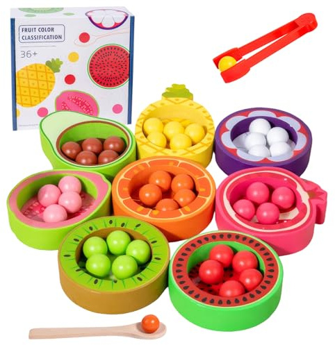 Kezidhp Juguete Montessori de Madera Frutas Clasificación con Cuchara y Pinzas, Juego Educativo Reconocimiento de Colores y Frutas, Juguete Motricidad Fina para Niños 2 3 4 Años Regalo