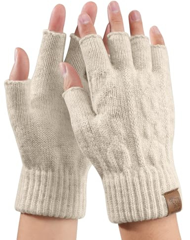 Voqeen Vinter Fingerlösa Handskar Män Och Kvinnor 100% Ull Värmestickad Varma Handskar Halva Fingrar Arbete Löpning Körning, Beige, Uomo (L)