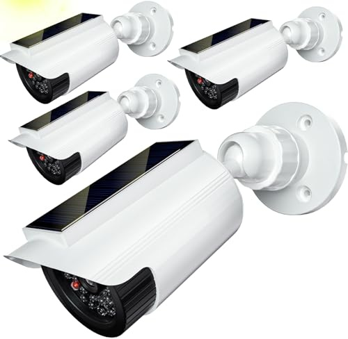 WALI Fake Dummy Camera, Solar Powered Fake Security Camera with LED Light, for Inside Outside Decoy Simulated Surveillance Security CCTV Dome Cameras with Warning Sticker (SOLTC-W4), 4 Packs, White