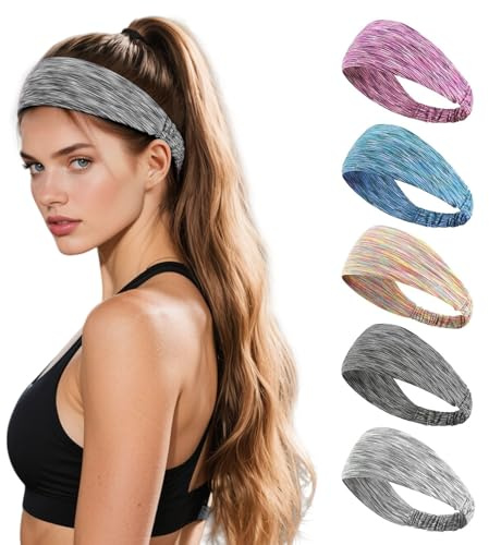 TESGADGETS 5 Piezas de Bandas para el Sudor, Cintas de Yoga Anchas Que disipan la Humedad, Antideslizantes, Suaves y elásticas para Entrenamiento, Correr y Gimnasio