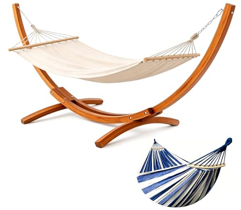 BELONID Hängmatta med ram, med 2 hängmattor, 200 kg lastkapacitet, mått: 320 x 120 x 120 cm, stabil bågram av massivt furu, för trädgård, terrass och balkong (blå)