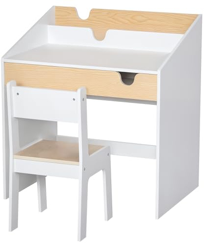 HOMCOM Set Scrivania e Sedia per Bambini, Tavolo con Cassetto e Scaffale, Mobili per Cameretta con Angoli Arrotondati, per Età 6-10 Anni, Bianco e Legno