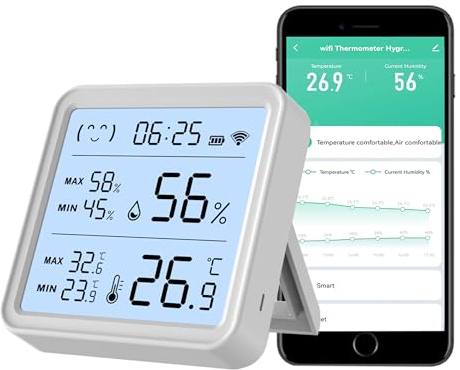 Sensor inteligente de humedad de temperatura WiFi, termómetro higrómetro inalámbrico, reloj incorporado y pantalla de hora, monitor inteligente de temperatura de humedad con aplicación Tuya