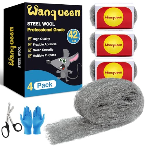 Steel Wool Mice Control 4'' * 42' Total Rodent Control Fill Fabric, Steel Wool Pads Mouse Blocker Keep Mice Away from Holes Wall Cracks Gaps(4 Rolls)