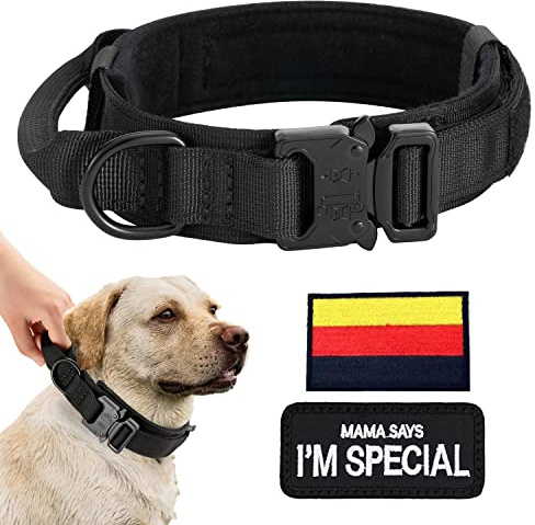 Eeyfarog Collare per cani regolabile con manico di controllo, collare tattico in nylon, collare imbottito per cani, fibbia in metallo, per cani di taglia media e grande, caccia, allenamento all'aperto