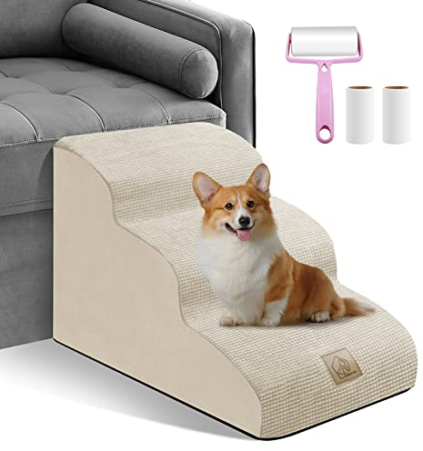 Hunderampe 3 Stufen für kleine Hunde und Katzen Beige, Haustiertreppe für Sofa und Bett, rutschfeste Schaumstoff-Hundetreppe mit abnehmbarem waschbarem Bezug, Senden Fussel-Kleberoller-Set