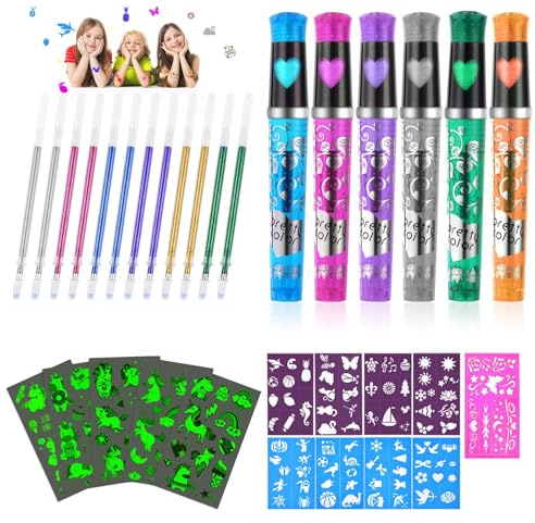 AOMIG Kids Temporary Tattoo Kit, 6 st Glitter tatueringspennor Barntatueringspennor med 12 påfyllningar, glittertatueringskit med 86 stenciler och 5 Glow in the Dark-tatueringar, för Halloween, jul, fest