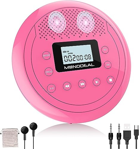 【𝟐𝟎𝟐4 𝐔𝐩𝐠𝐫𝐚𝐝𝐞𝐝】 MONODEAL Rechargeable CD Player with Speakers, Anti-Skip CD Player for Car and Home, Portable Player with Headphones for Audio Book Music (Rose Red)