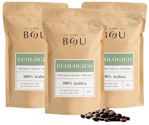 Café BOU - Café En Grano Ecológico premium |100% Arábica | Aromas a Caramelo y Fruta |Tueste Alto |Café ecológico para Espresso | Pack 3 Paquetes x 250g