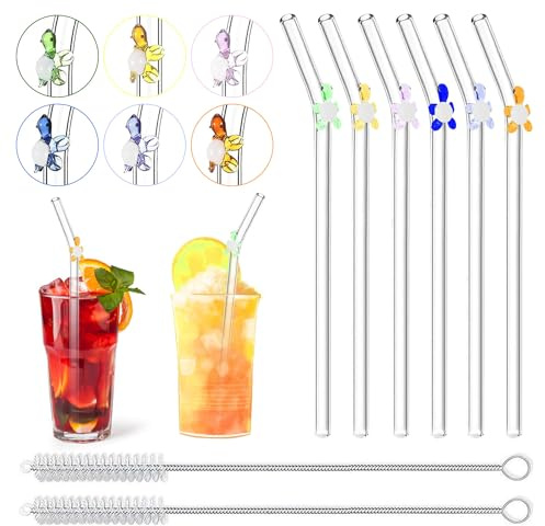 6 Pezzi Cannucce Riutilizzabili, Cannucce Vetro con 2 Spazzole per La Pulizia Cannuccia Riutilizzabile di Vetro Trasparente da 8mm Tartarughe Colorate Cannucce Bubble Tea glas strohhalm