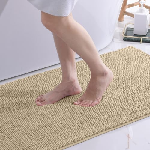 OLANLY Chenille Badematte rutschfest Badezimmerteppich Weich Badteppich Saugfähige Badvorleger Waschbar Duschvorleger für Badezimmer, 40 x 60 cm, Beige