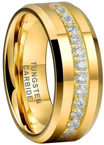 TUTISS 8mm Gold Tungsten Rings for Men Women Couple Eternity Anniversary Engagement Wedding Bands Fashion Jewelry CZ Stone Inlay Beveled Polished Shiny Comfort Fit Size 9.5