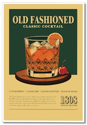 Anslipswar Old Fashioned Cocktail Print Poster, Retro Classic Cocktail Bar Cart Canvas Wall Art, Vintage Alcohol Whiskey Pictures for Wall Decor, Kitchen Home Bar Cart Club Decor 16x24in Unframed