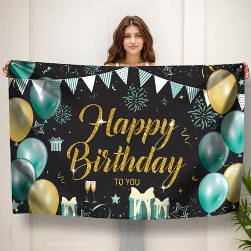 Koliphy Happy Birthday Banner, Geburtstag Deko Banner, Geburtstagsdeko für Männer Frauen, Handgehalten Stoff Geburtstagsbanner Dekoration für Drinnen und Draußen(Grün Gold)