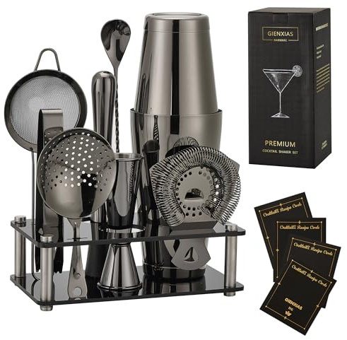 Ensemble Boston Shaker Gienxias - 10 pièces en acier inoxydable, avec filtre, pince à glace, cuillère de bar, doseur et support en acrylique - Pour barmans professionnels et amateurs (Noir)