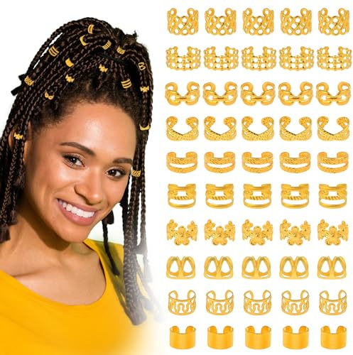 Tyqour Lot de 50 bagues de cheveux dorées pour tresses, bijoux de cheveux dorés réglables pour tresses