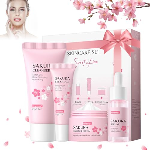 Fengyang® Sakura Skin Care Set, Kit Cura Della Pelle Di 4 Pcs Con Detergente -Crema Per Gli Occhi-Siero-Crema, Idratante Per La Cura Della Pelle Invernale Per Donne Ragazze Adolescenti Regalo (4Pcs)