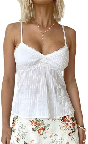 Acrawnni Women's Y2K Lace V Neck Camis Sleeveless Spaghetti Straps Backless Tank Cropped Tops Cute Fairy Lace Trim Camisole