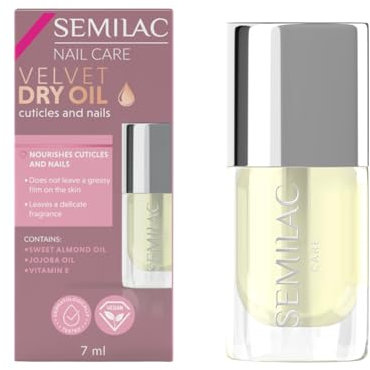 Semilac Velvet Dry Oil - Olio secco nutriente per cuticole e unghie, con olio di mandorle e vitamina E, vegano, 7 ml