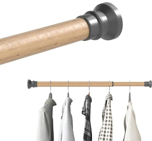 Hershii Extendable Wardrobe Rail 50-76cm, Adjustable Shower Curtain Rod, Clothes Hanging Tension Pole, No Drilling, Telescopic Rods for Kitchen Closet Cupboard Bathroom Window, Light Wood Grain