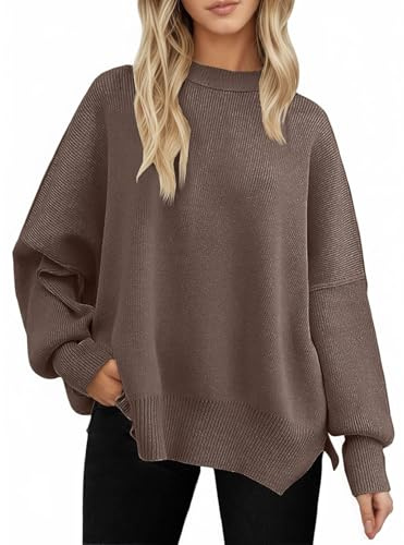Yutdeng Jersey Mujer Invierno Sueter Manga Larga Oversize Jersey Anchos Largos con Abertura Pullover Elegante Cuello Redondo Sweater Fino Punto Jerséis para Mujer Suéter Otoño Camiseta,Cardamomo,XL