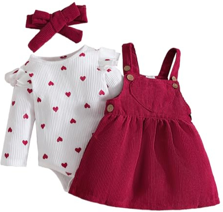 LUVCES Neonata Bambina Gonne Set Autunno Manica Lunga con Cuore Top + Velluto a Coste con Bretelle Abito+ Fascia per Capelli Abiti 3Pcs San Valentino Completo Cuore rosso dell'amore 6-12 Mesi