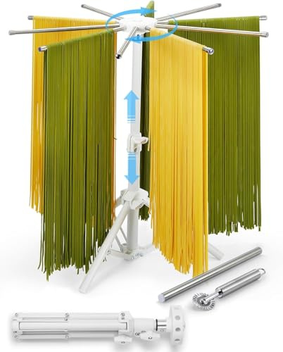 Pasta Drying Rack-Adjustable Height 304 Stainless Steels Arm Large Noodle Dryer for Homemade Fresh Pasta Spaghetti, Collapsible 360° Rotating