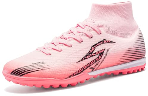 Qynthra Chaussures de Football Hautes Unisexe TF & FG Légères Respirantes avec Maintien de Cheville pour Terrain Synthétique et Naturel,Pink TF,41 EU