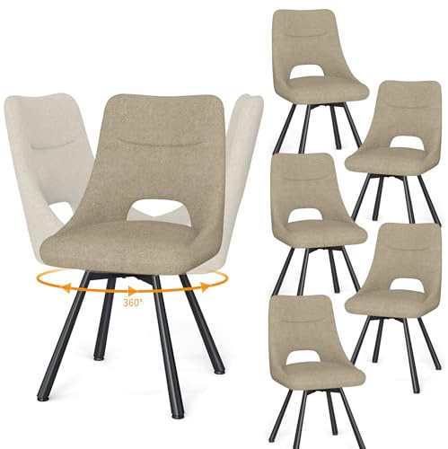 WAFTING Chaises de Salle à Manger Pivotantes 360°, Lot de 6, Khaki | Tissu Simili Cachemire, Chaises Rembourrées, Assise Large de 48 cm, Dossier Ajouré, pour Salle à Manger, Cuisine et Salon
