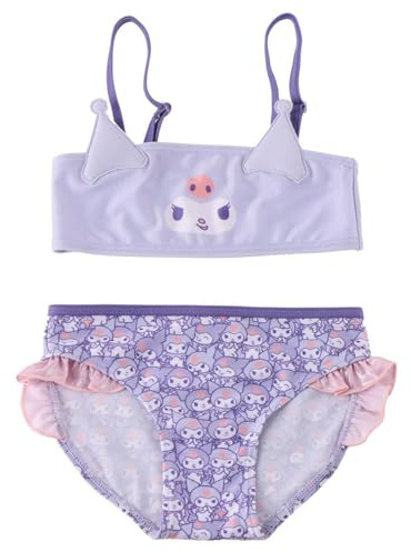 Maillot de Bain Kuromi Fille 2 Pièces – Bikini Sanrio Hello Kitty – Haut Bandeau + Bas avec Volants – Séchage Rapide, Léger – Idéal pour Plage et Piscine – 3 à 10 Ans