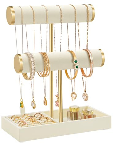 SONGMICS Bracelet Holder Stand, Jewellery Display Stand, Jewellery Organiser, with 3 Tiers and Velvet Tray, Removable Ring Holder, Cream White and Pale Gold JJS039W101