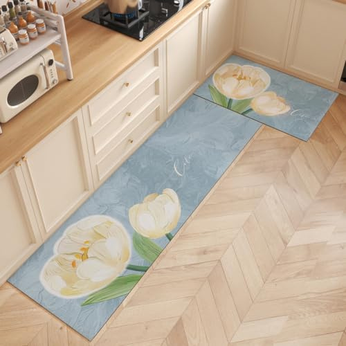Alfombra Cocina 50X80Cm Flor Beige Alfombra Vinilica Cocina Cuero,Modernas Lavable Antideslizante Anti Fatiga para Pasillo, Comedor,Hogar Alfombrilla Cocina