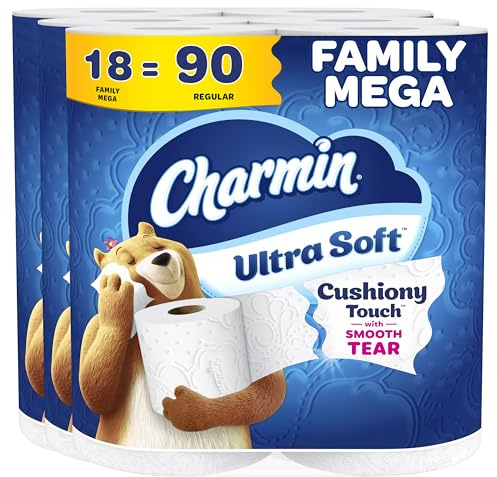 Charmin Ultra Soft Cushiony Touch 2-Ply Toilet Paper, 18 Family Mega Rolls = 90 Regular Rolls, White